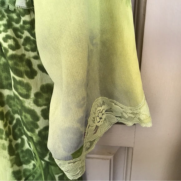 Piano Blouse Silky Pretty Empire Waist SzL Green/Yellow 3/4Sleeves - Picture 6 of 9